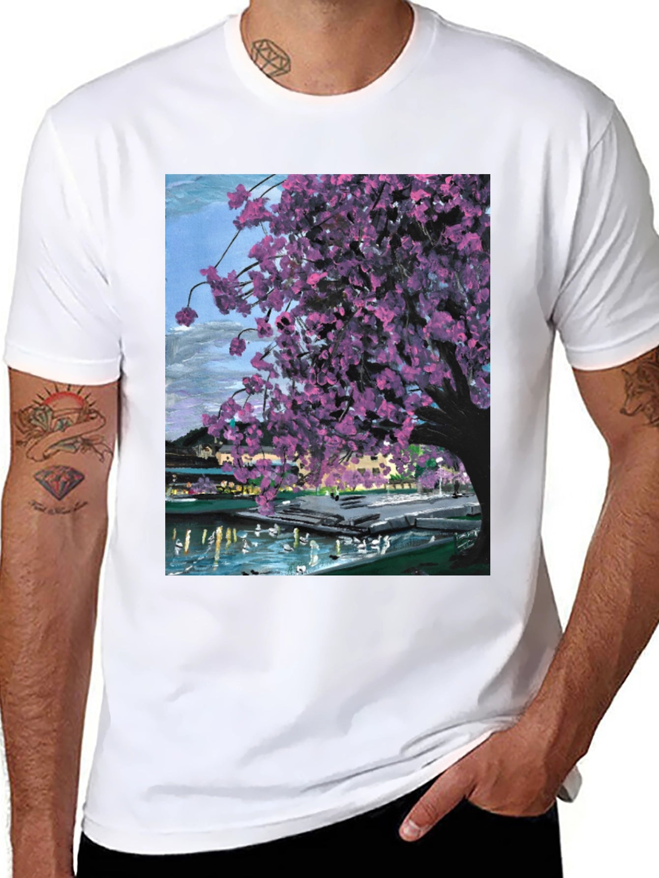 Cherry Blossom Art Graphic Tee - Black Cotton Blend