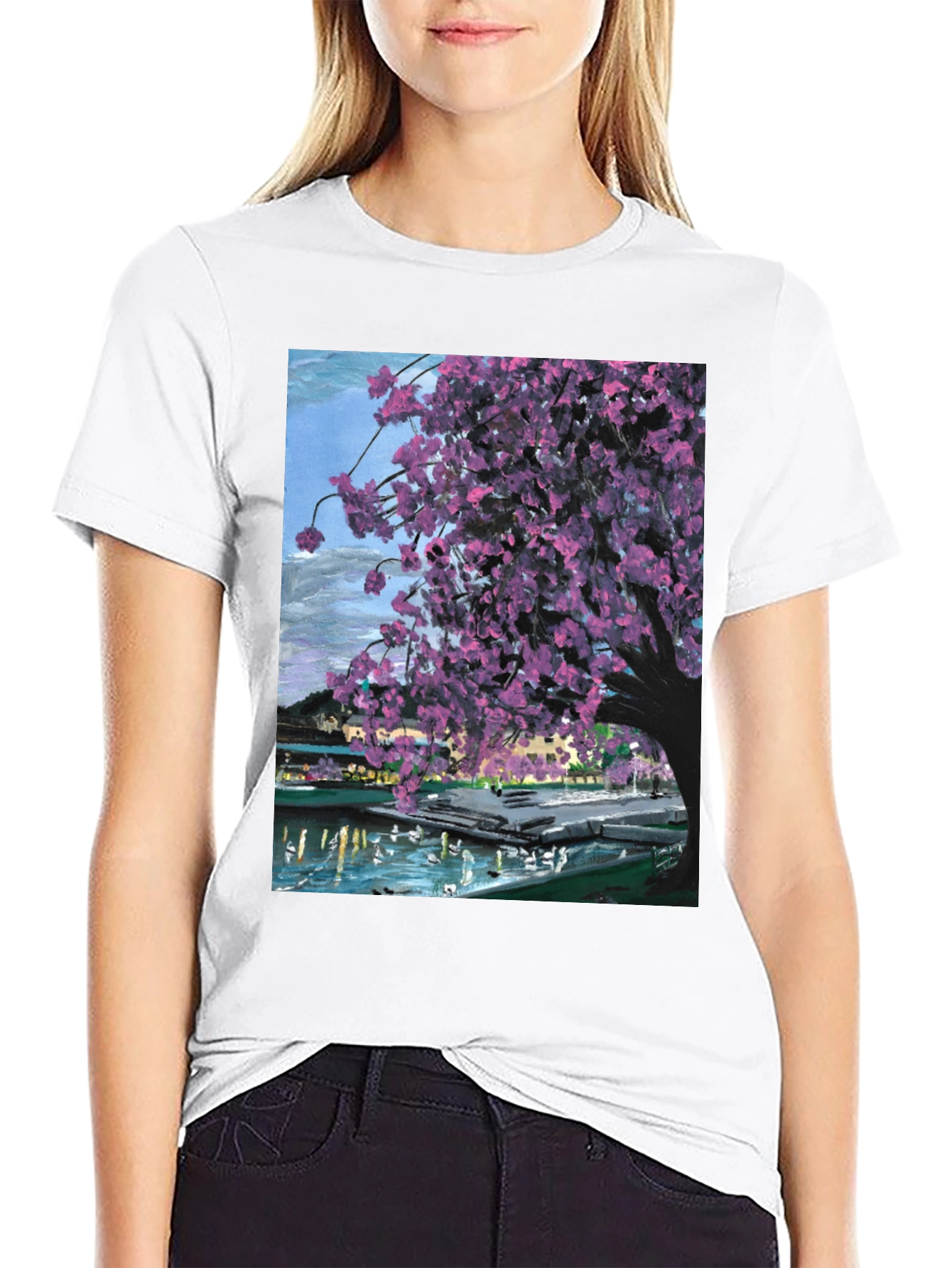 Cherry Blossom Art Graphic Tee - Black Cotton Blend