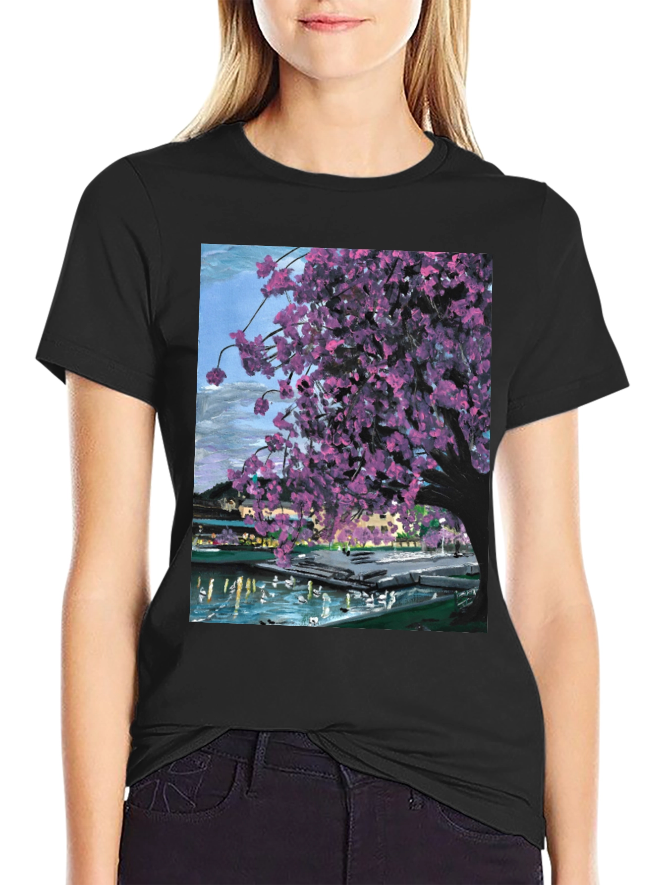 Cherry Blossom Art Graphic Tee - Black Cotton Blend