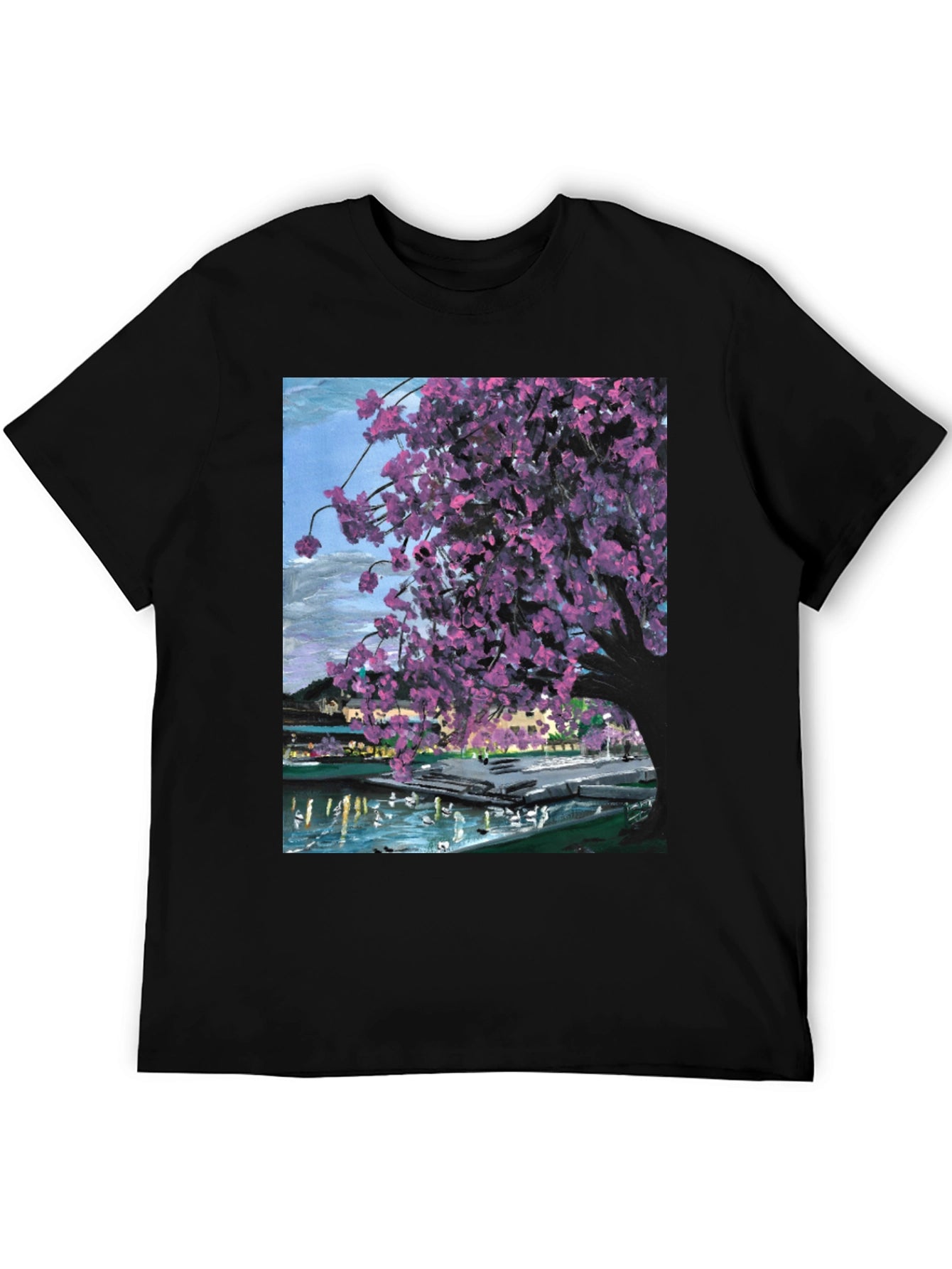 Cherry Blossom Art Graphic Tee - Black Cotton Blend