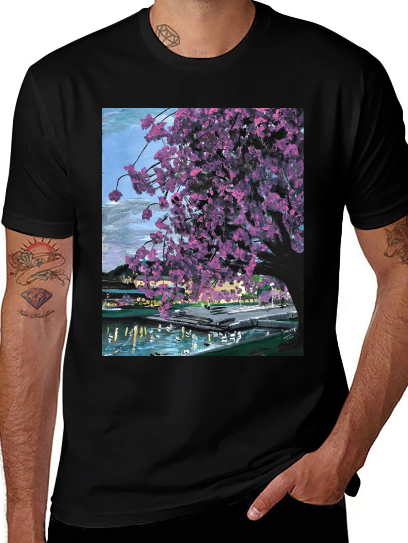 Cherry Blossom Art Graphic Tee - Black Cotton Blend