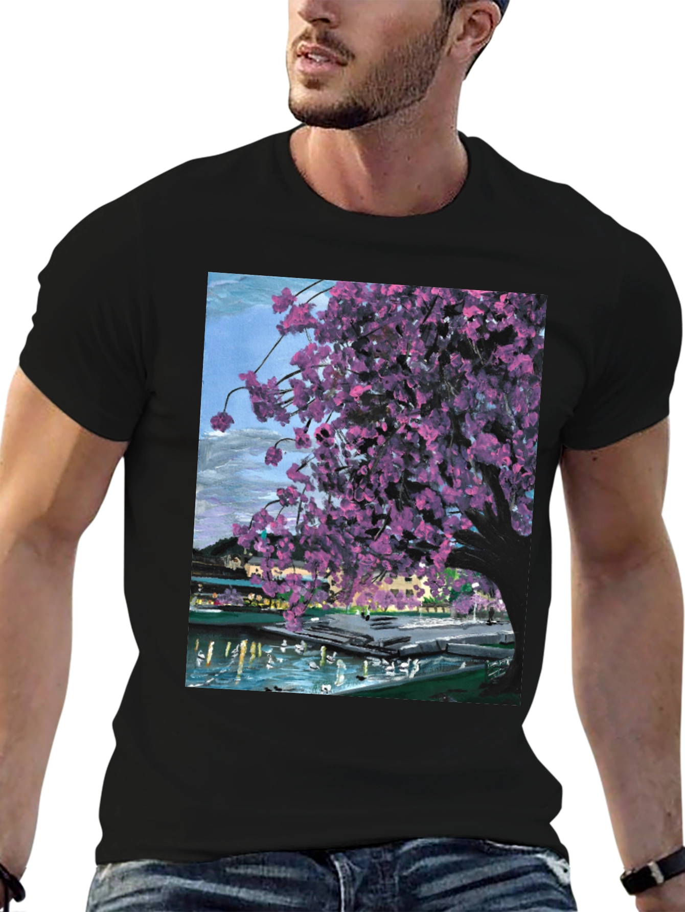 Cherry Blossom Art Graphic Tee - Black Cotton Blend