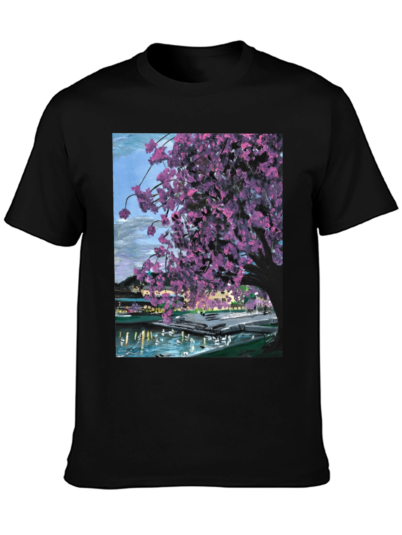 Cherry Blossom Art Graphic Tee - Black Cotton Blend