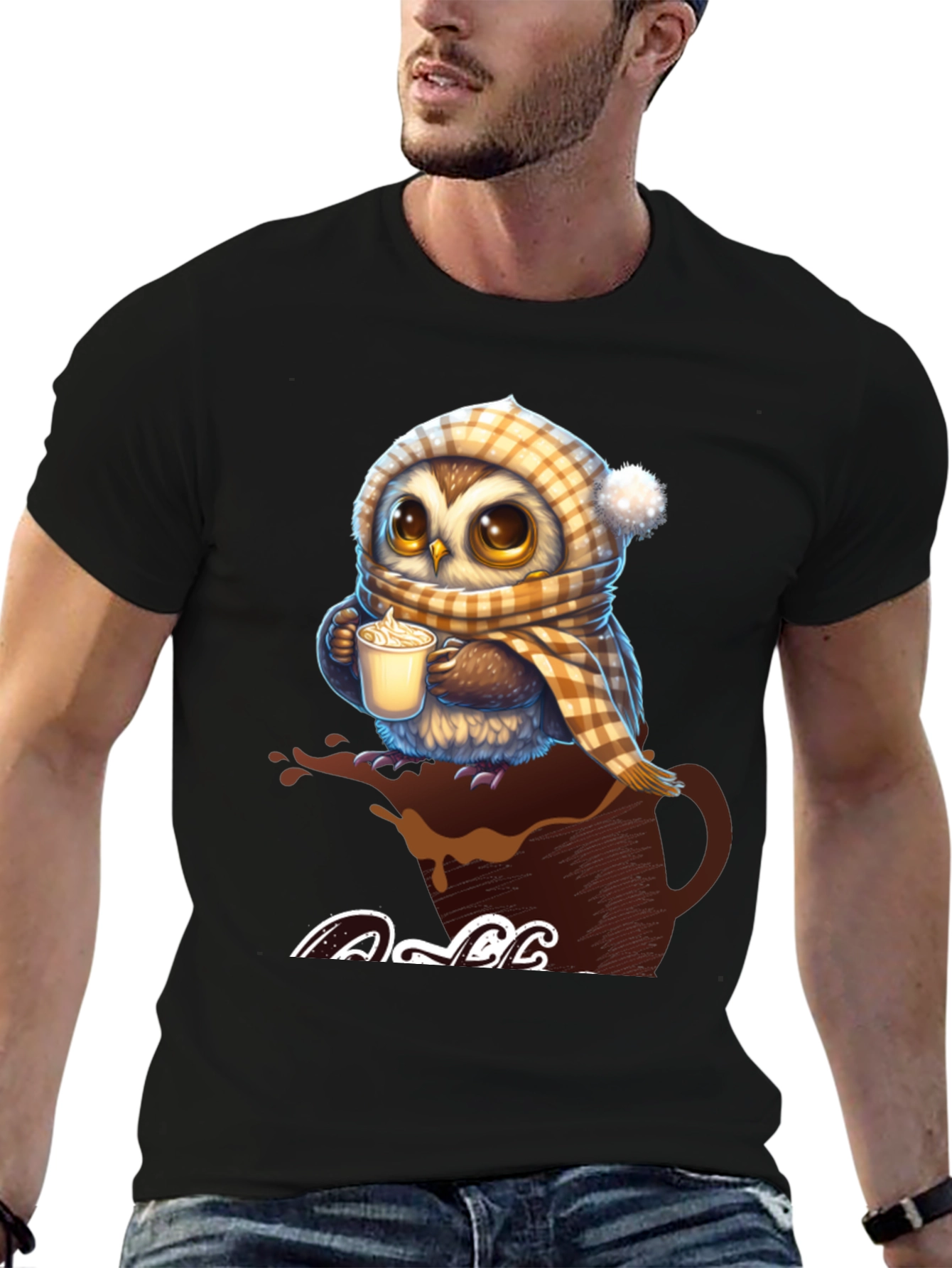 Cute Owl Coffee Lover Graphic T-Shirt