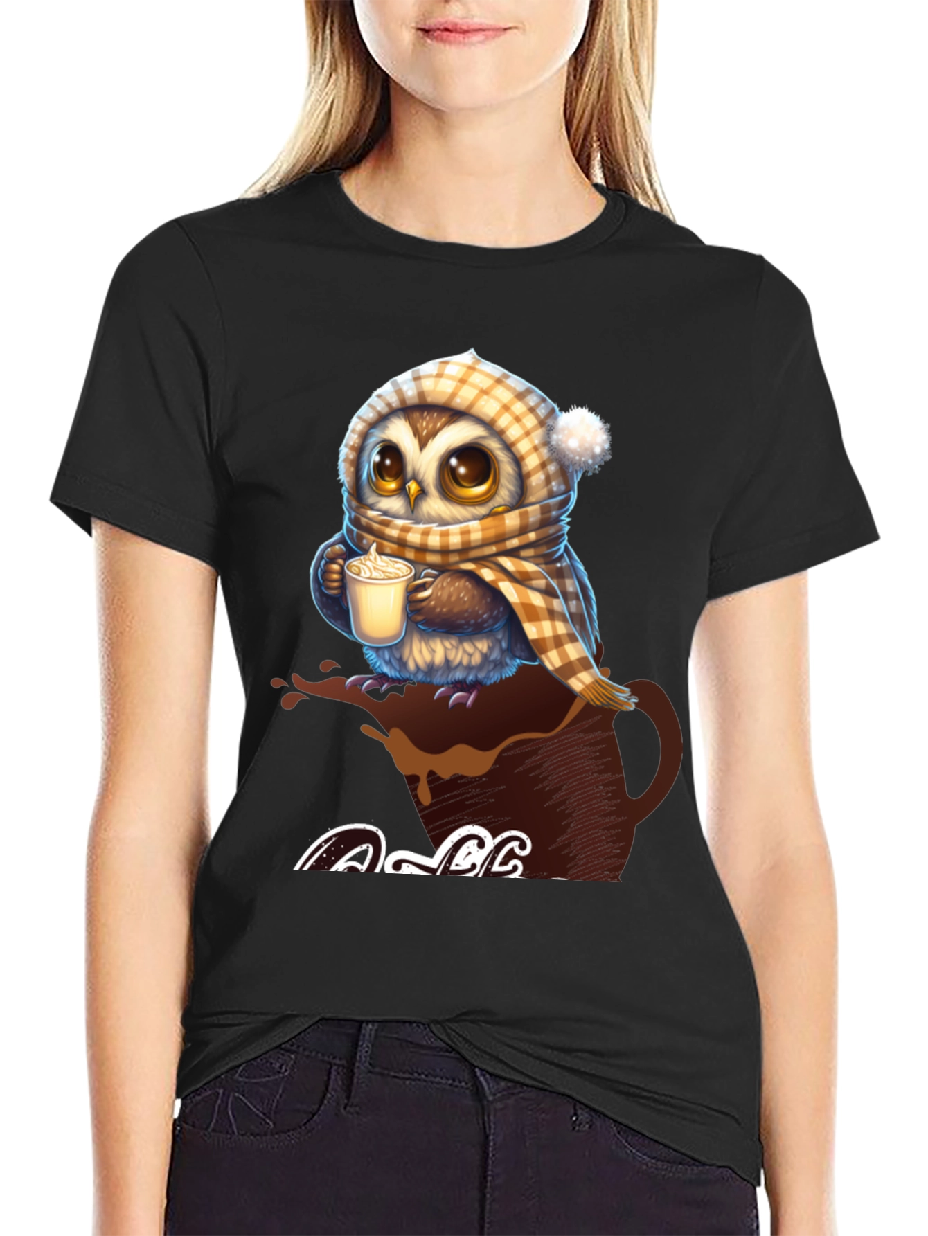 Cute Owl Coffee Lover Graphic T-Shirt