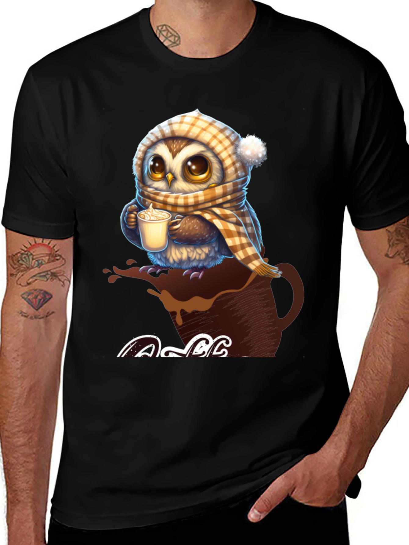 Cute Owl Coffee Lover Graphic T-Shirt