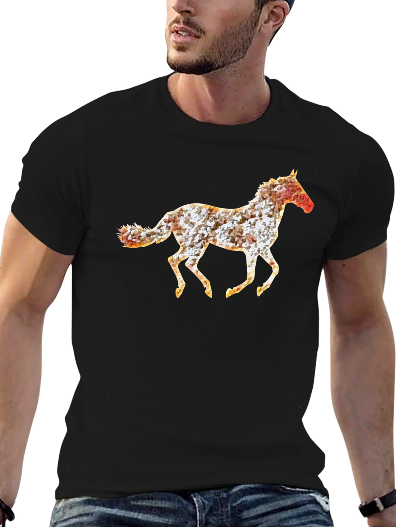Geometric Horse Print Black T-Shirt