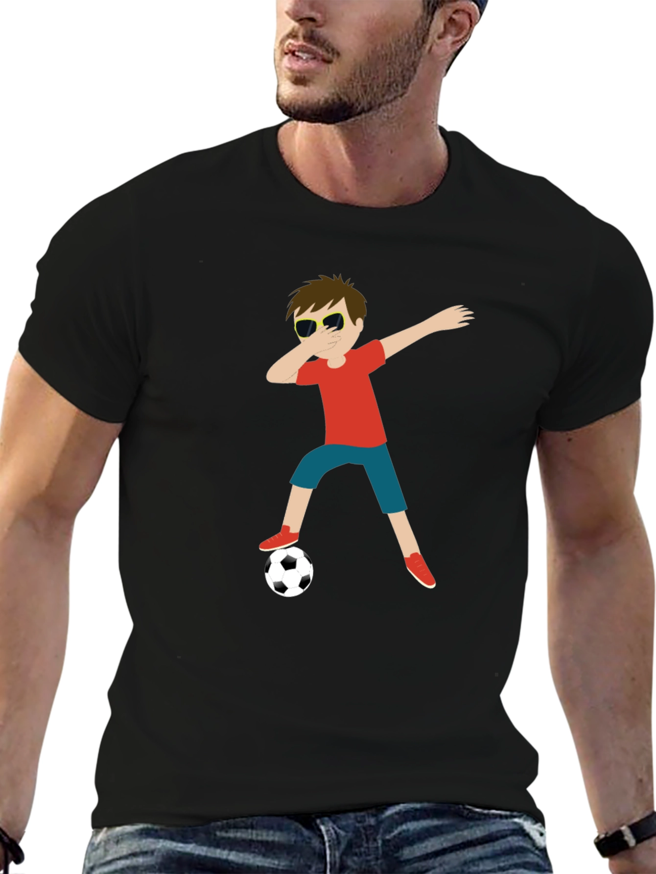 Cartoon Dab Soccer Boy Black Tee