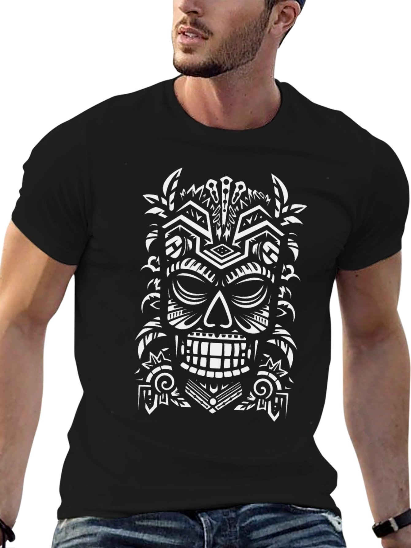 Tribal Tiki Mask Graphic Tee - Mens Black T-Shirt