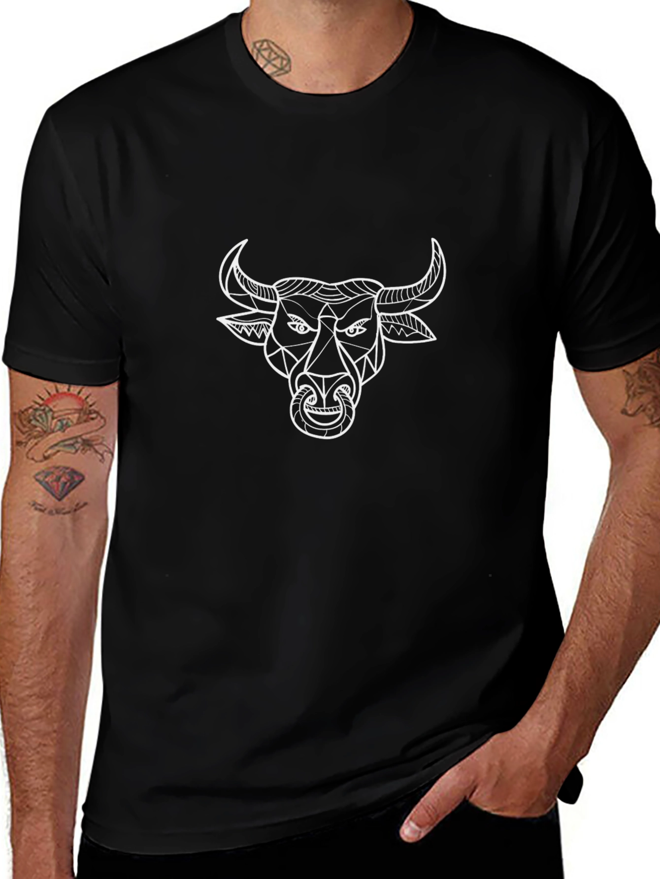 Geometric Bull Graphic Tee - Black Cotton T-Shirt