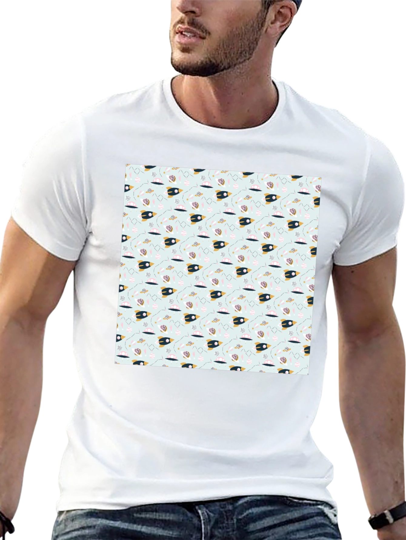 Space Rocket Pattern Black Tee