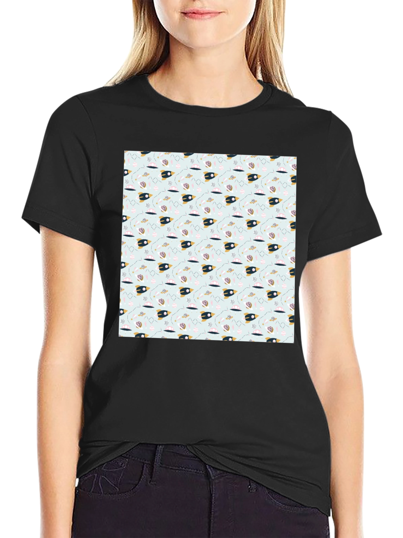 Space Rocket Pattern Black Tee