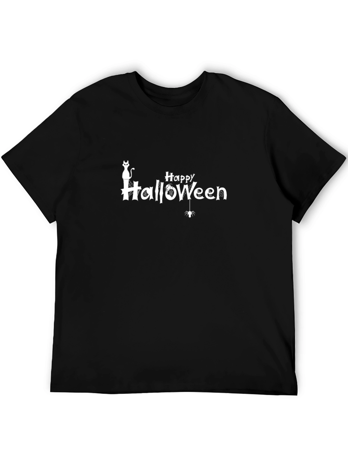 Happy Halloween Black T-Shirt Cat Spider Spooky