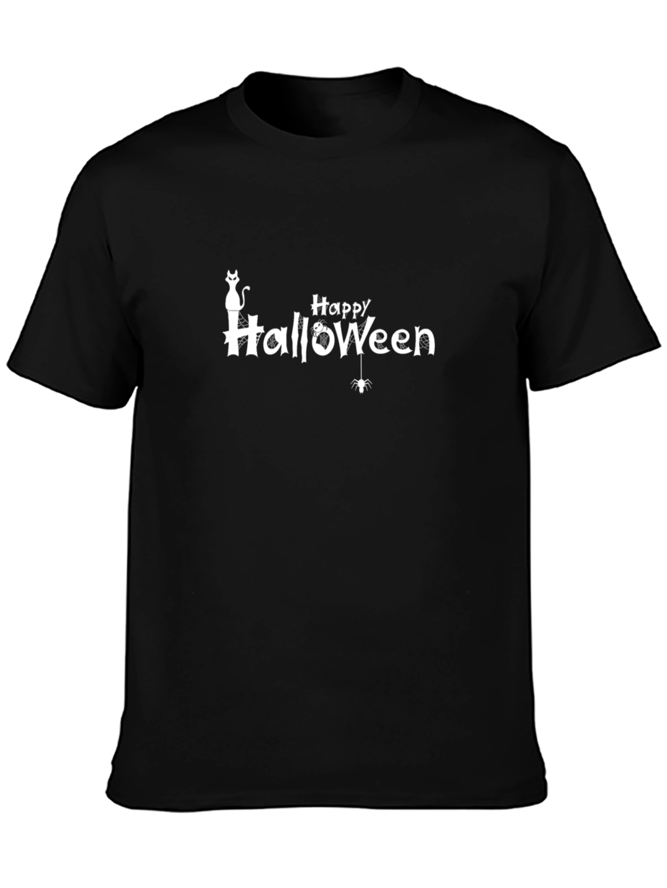 Happy Halloween Black T-Shirt Cat Spider Spooky