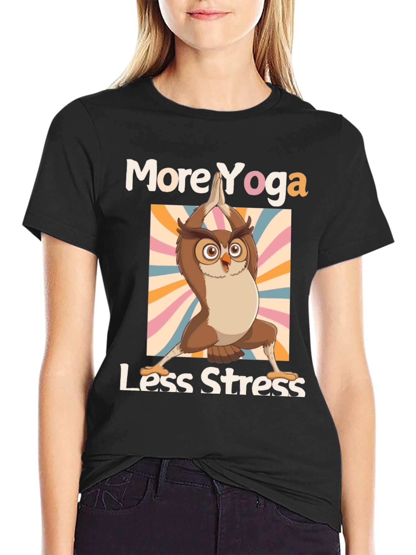 Yoga Owl T-Shirt: More Yoga Less Stress