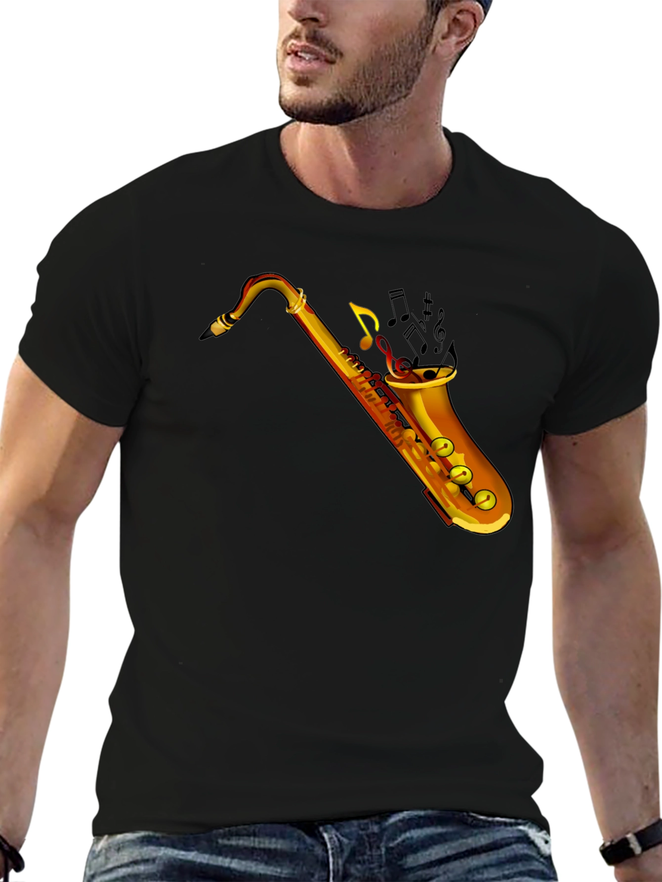 Saxophone Music Graphic Tee - Black Cotton T-Shirt