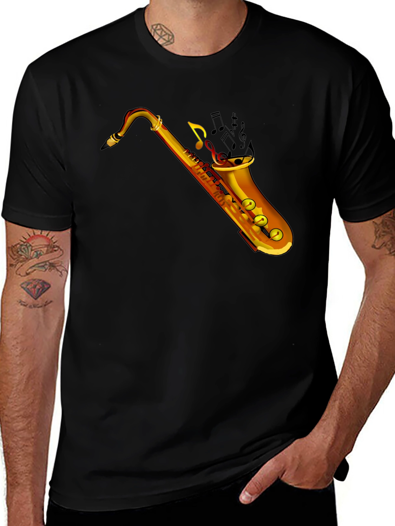Saxophone Music Graphic Tee - Black Cotton T-Shirt