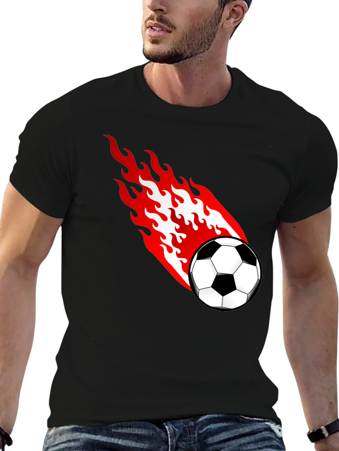 Flaming Soccer Ball Graphic T-Shirt - Black