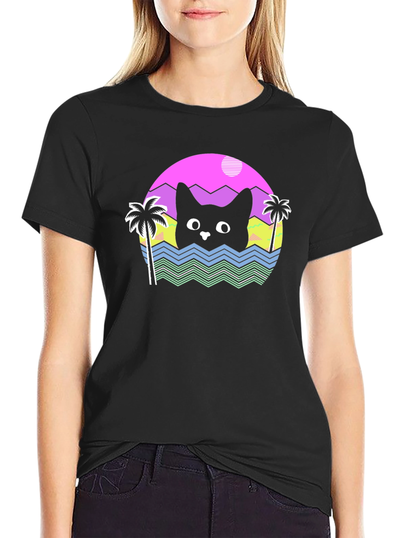 Retro Cat Waves Black T-Shirt