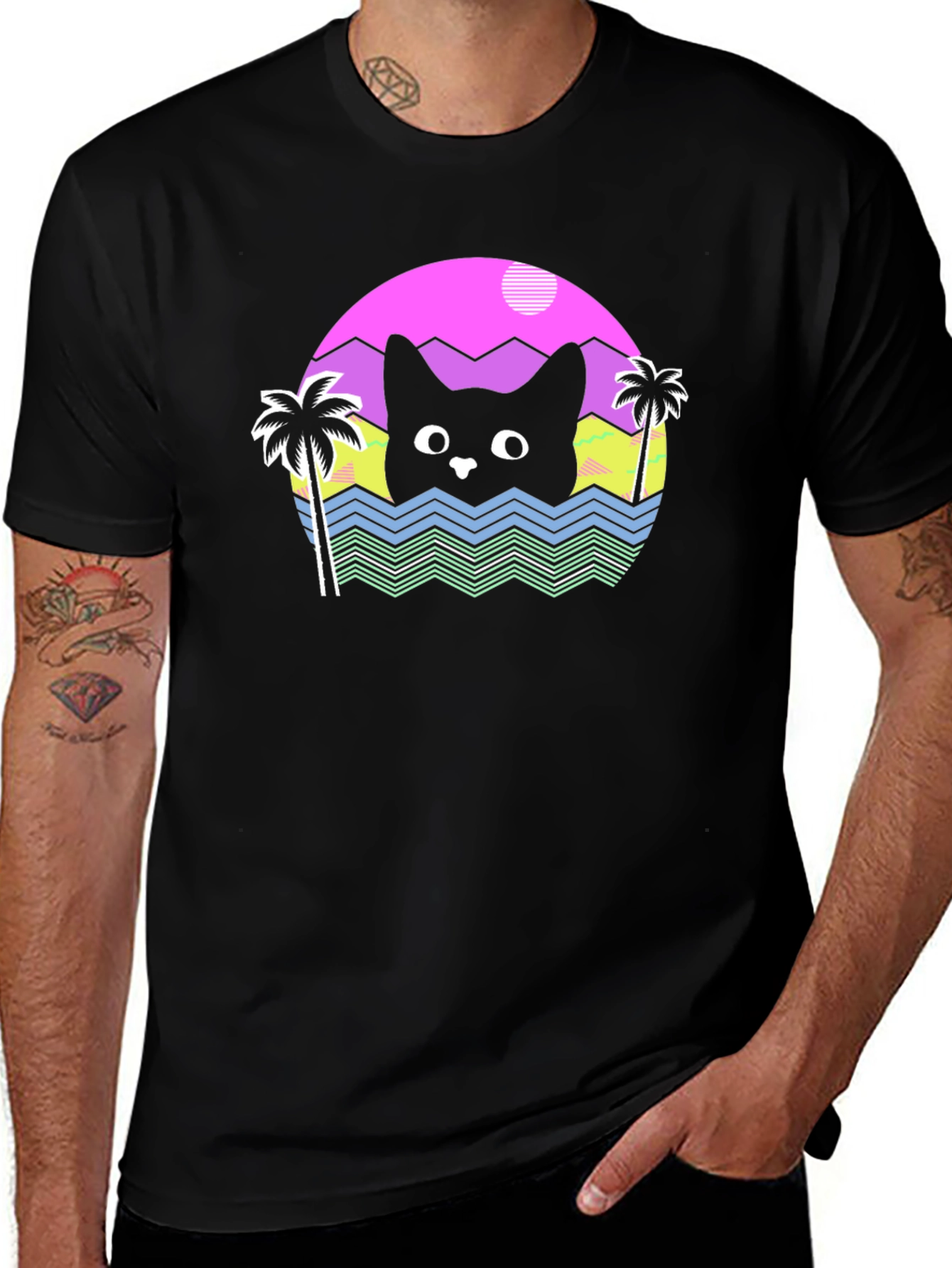 Retro Cat Waves Black T-Shirt