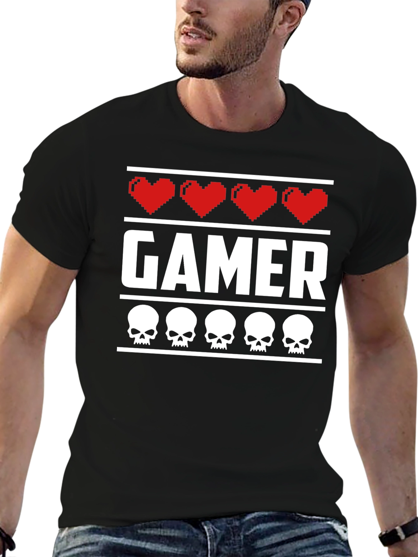 Gamer Heart & Skull T-Shirt - Pixelated Design