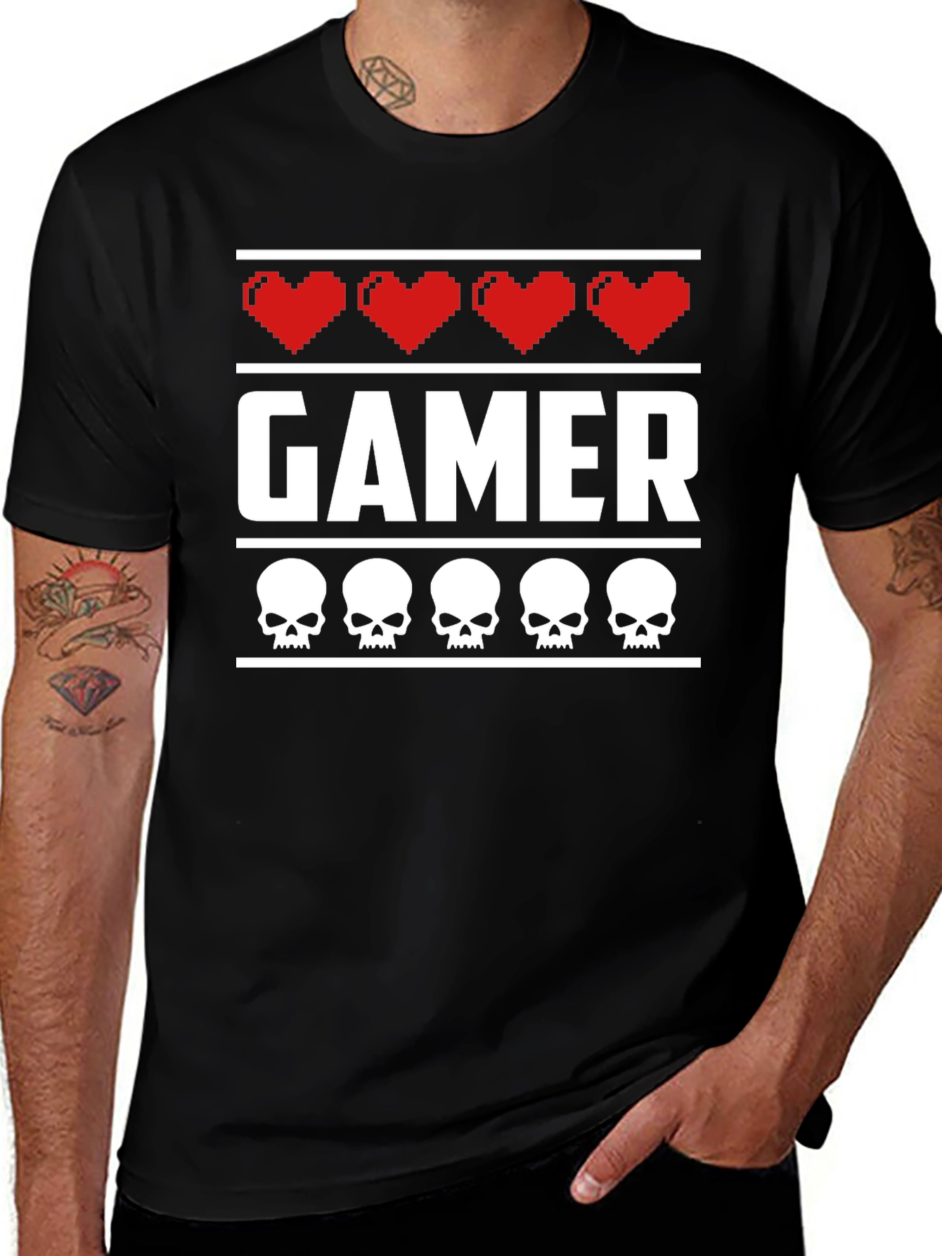Gamer Heart & Skull T-Shirt - Pixelated Design
