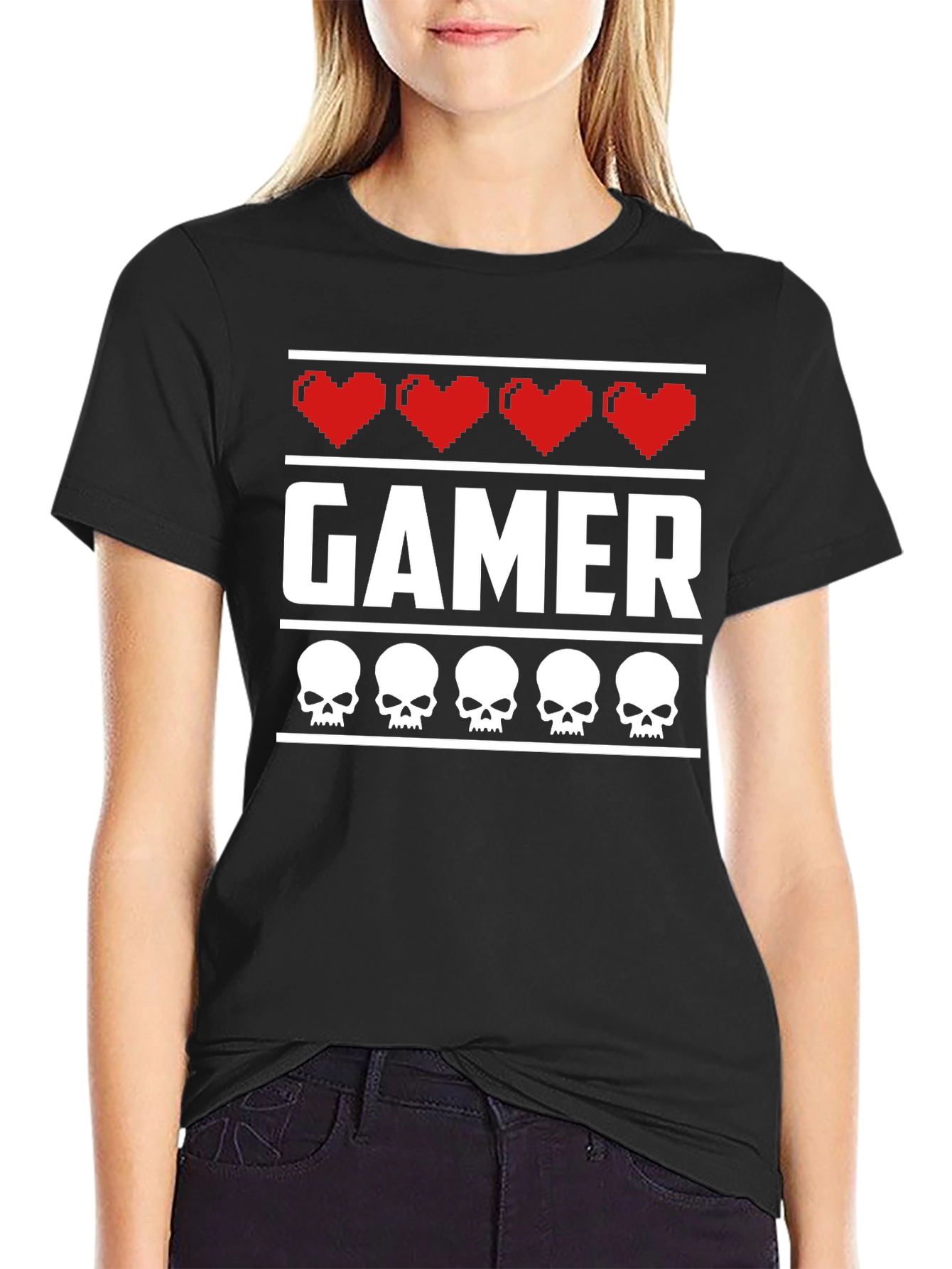 Gamer Heart & Skull T-Shirt - Pixelated Design