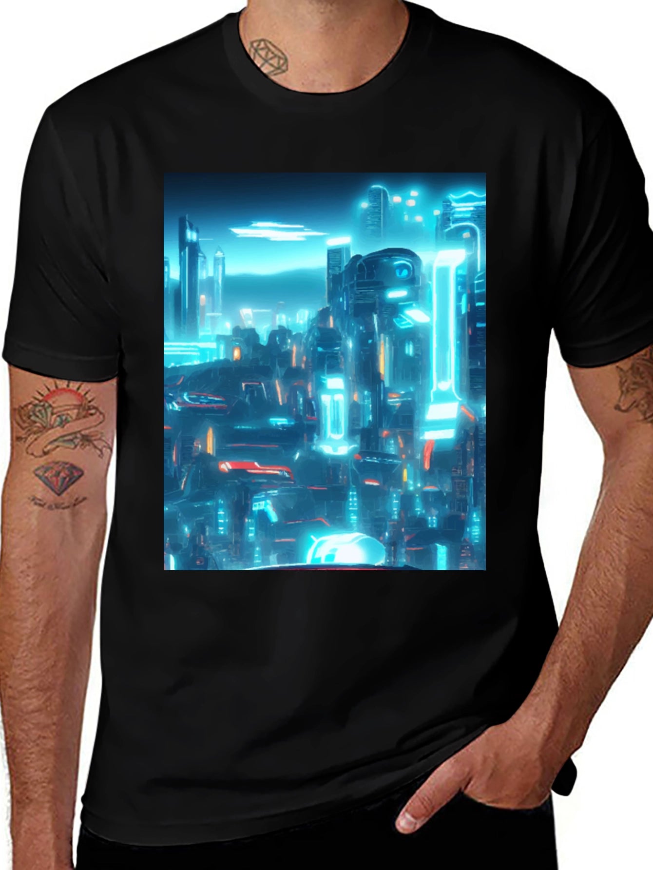 Cyberpunk Cityscape Graphic Tee - Black