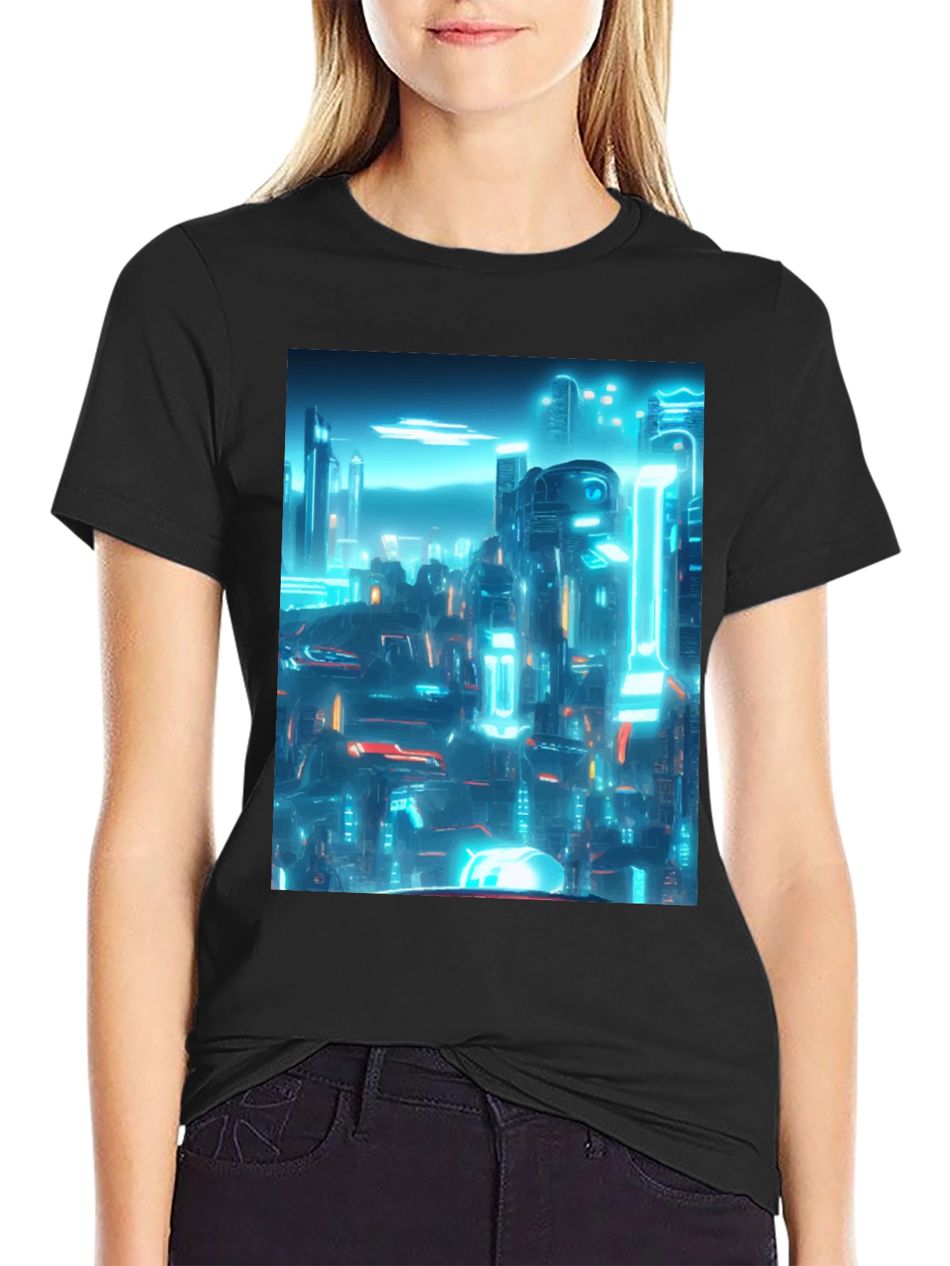 Cyberpunk Cityscape Graphic Tee - Black
