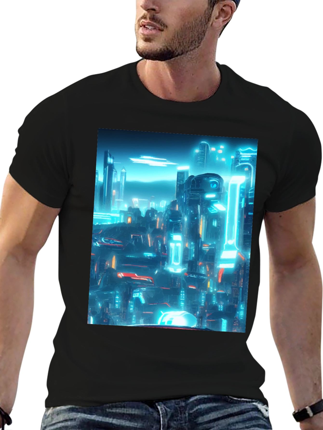 Cyberpunk Cityscape Graphic Tee - Black