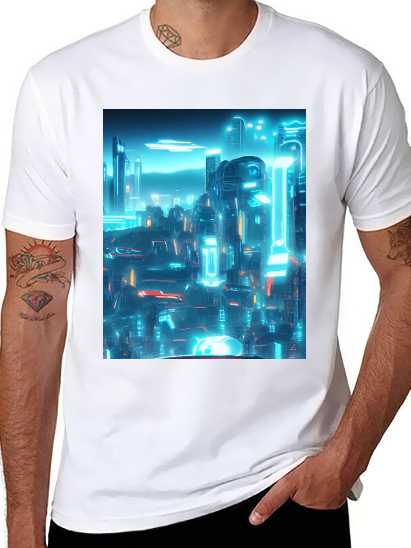 Cyberpunk Cityscape Graphic Tee - Black