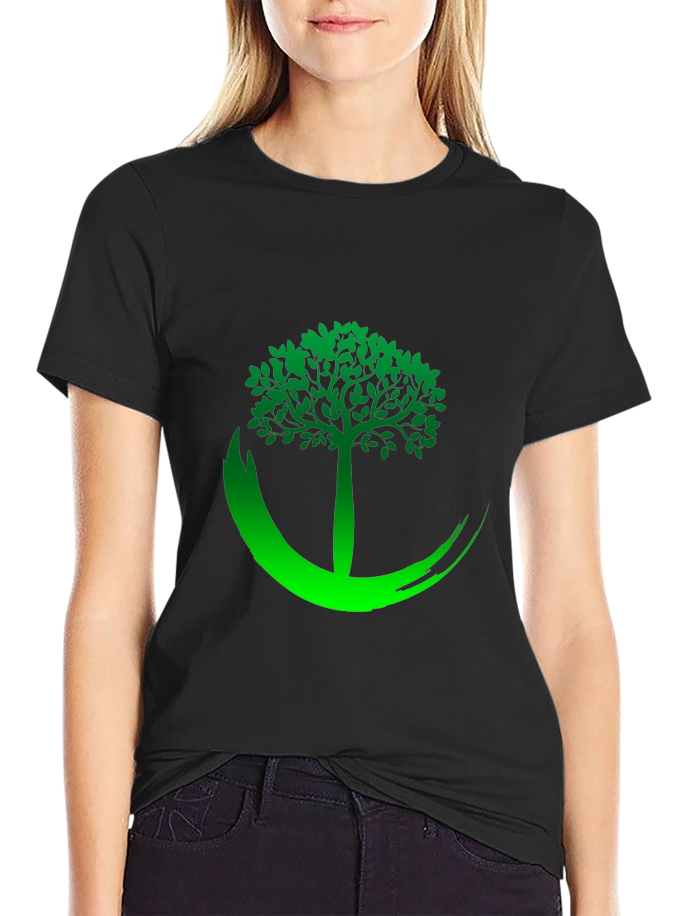 Black Tee with Green Tree Graphic