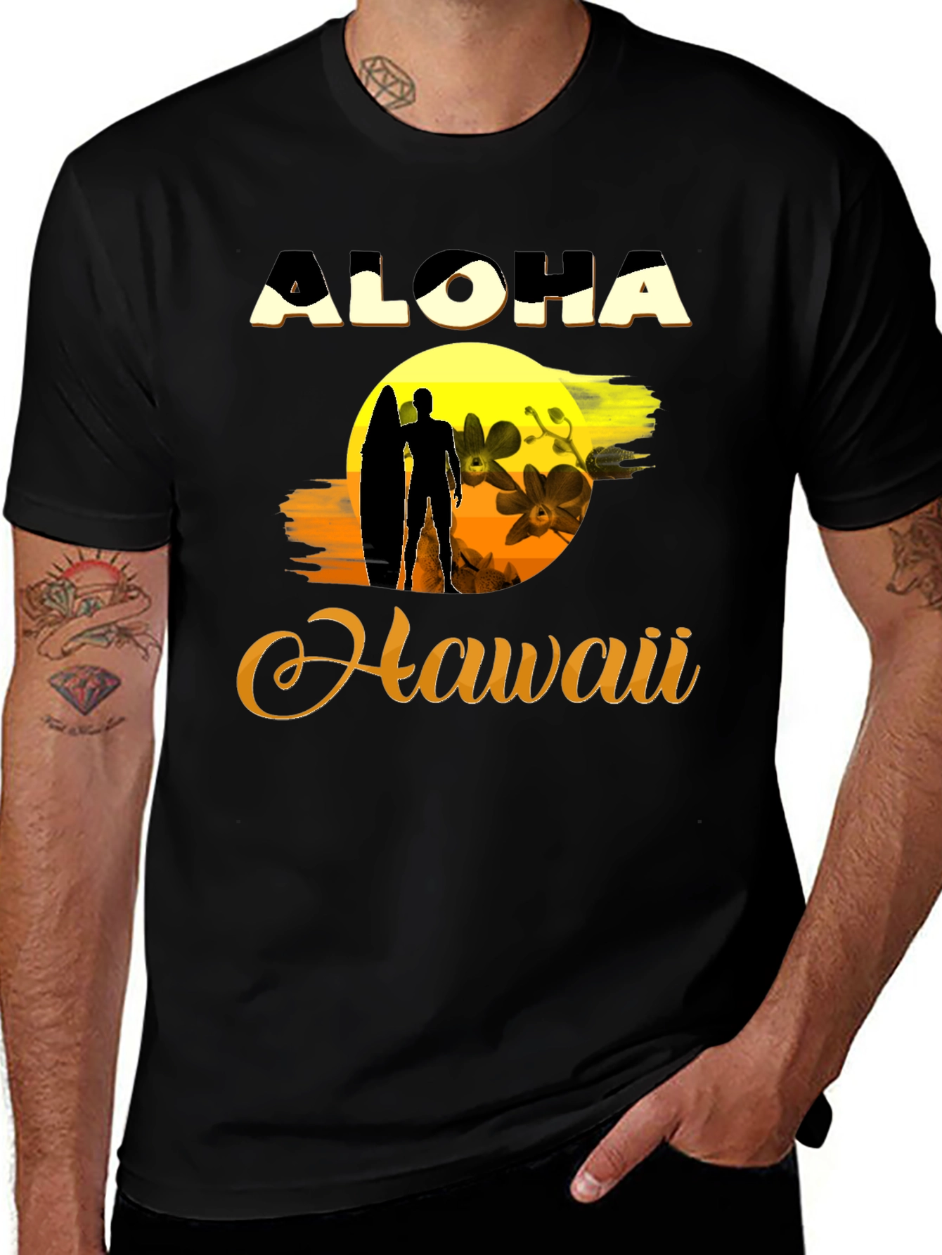 Aloha Hawaii Graphic T-Shirt - Surfer Silhouette Sunset