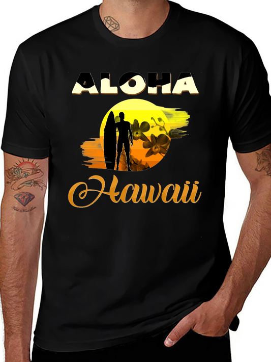 Aloha Hawaii Graphic T-Shirt - Surfer Silhouette Sunset