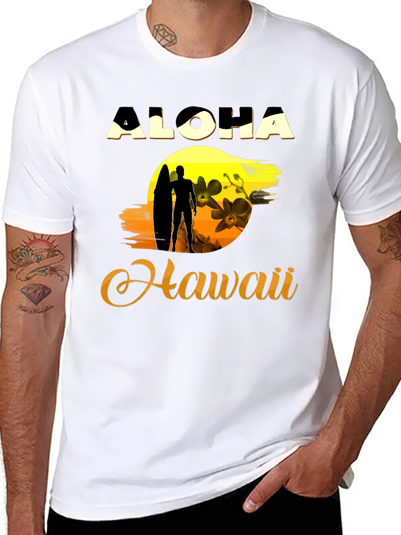Aloha Hawaii Graphic T-Shirt - Surfer Silhouette Sunset