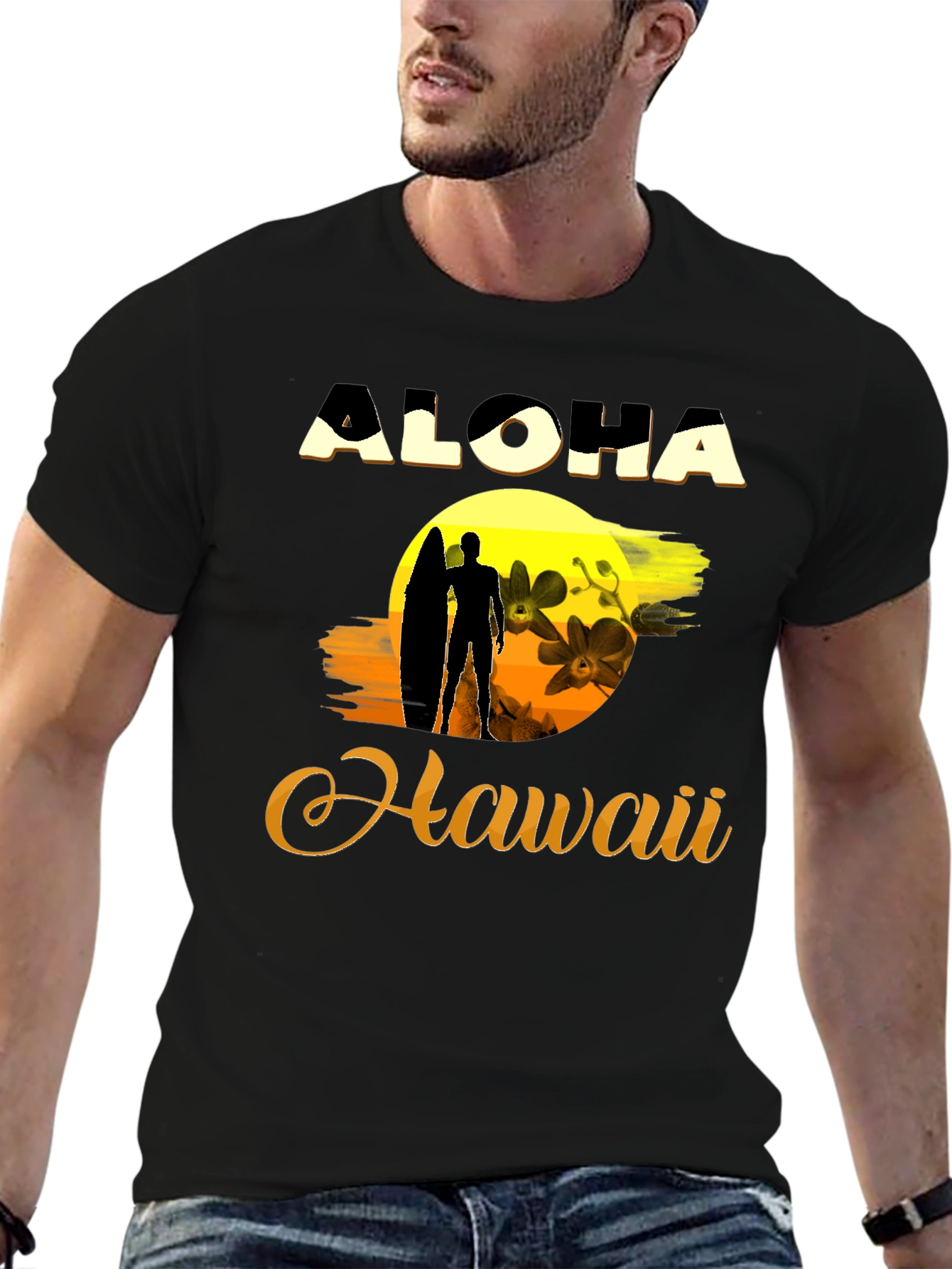 Aloha Hawaii Graphic T-Shirt - Surfer Silhouette Sunset