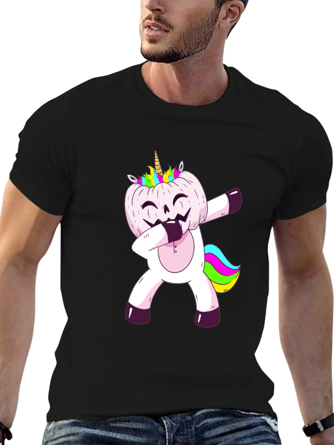 Unicorn Pumpkin Dabbing Mens Graphic T-Shirt