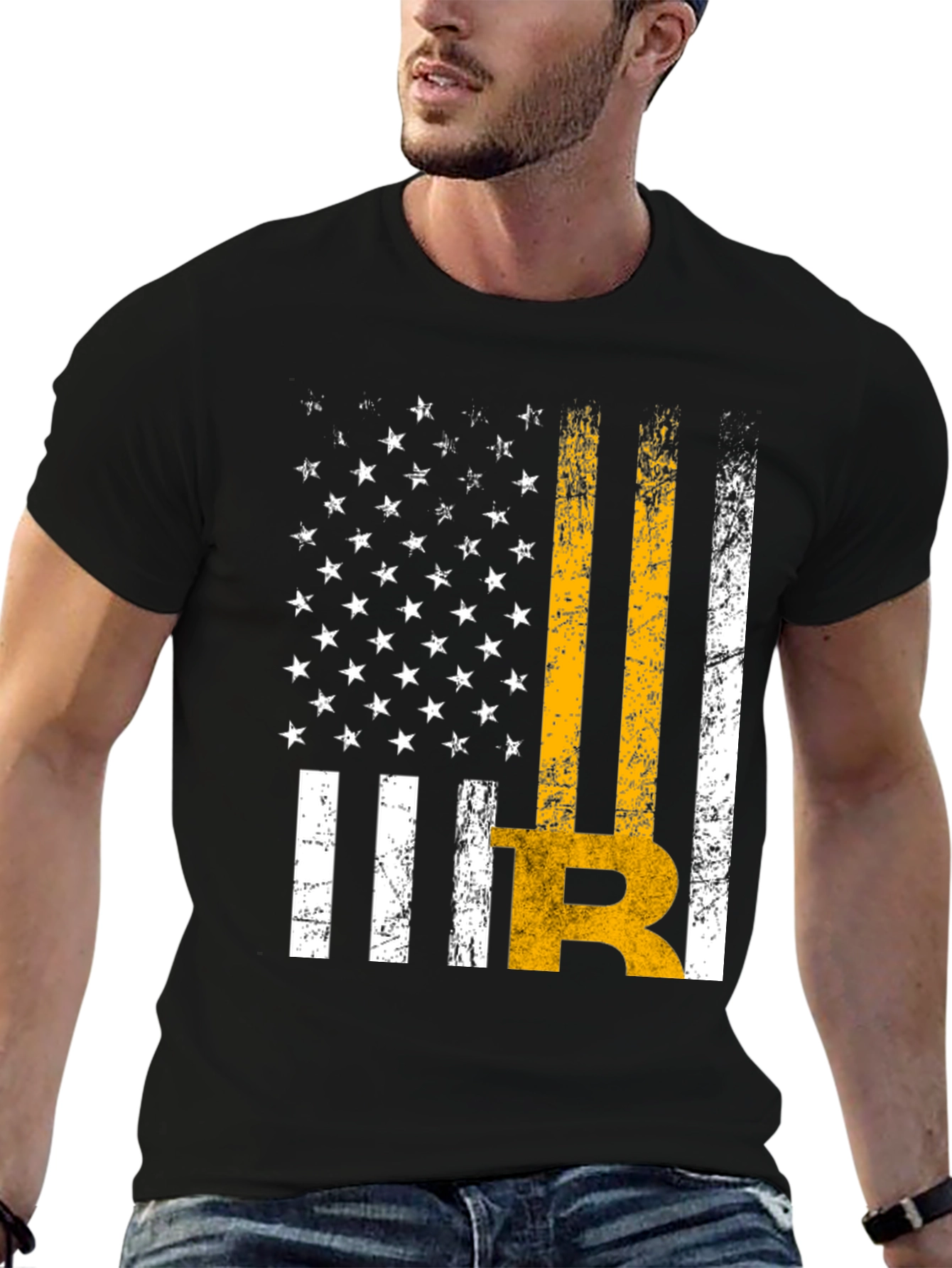 Distressed American Flag Bitcoin Graphic T-Shirt