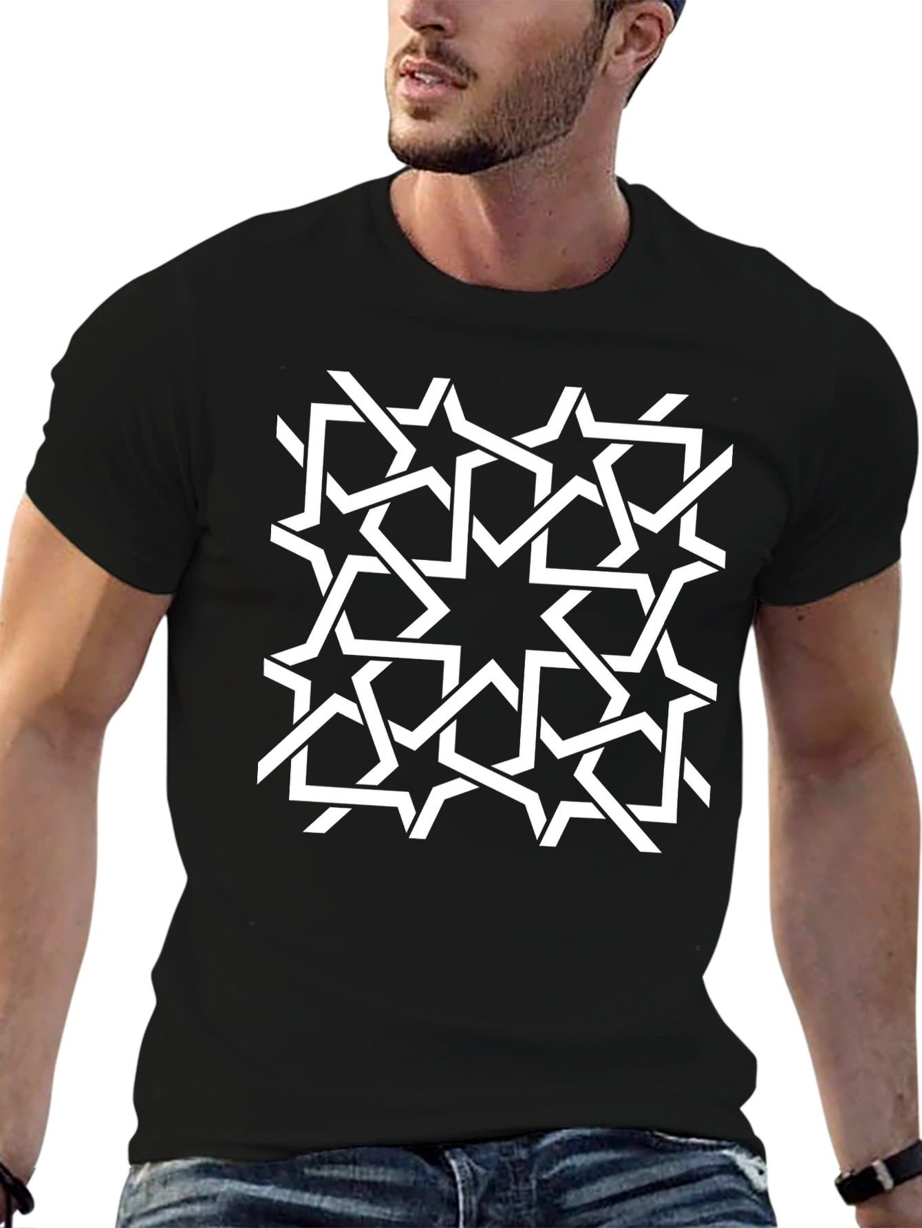 Geometric Star Pattern Black T-Shirt