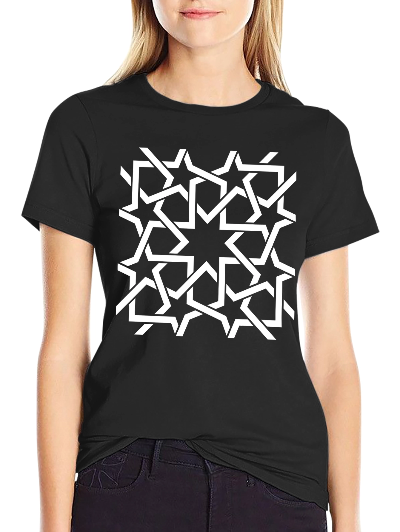 Geometric Star Pattern Black T-Shirt