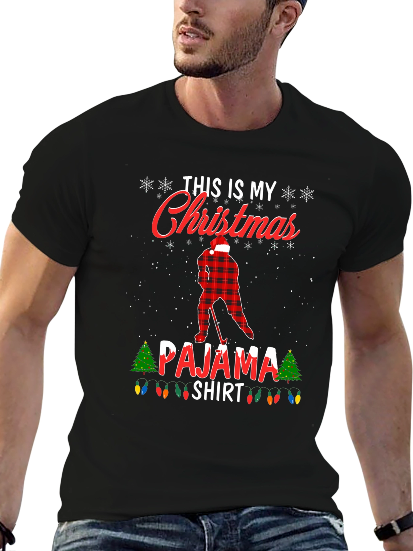 Christmas Pajama Shirt Hockey Player Tee