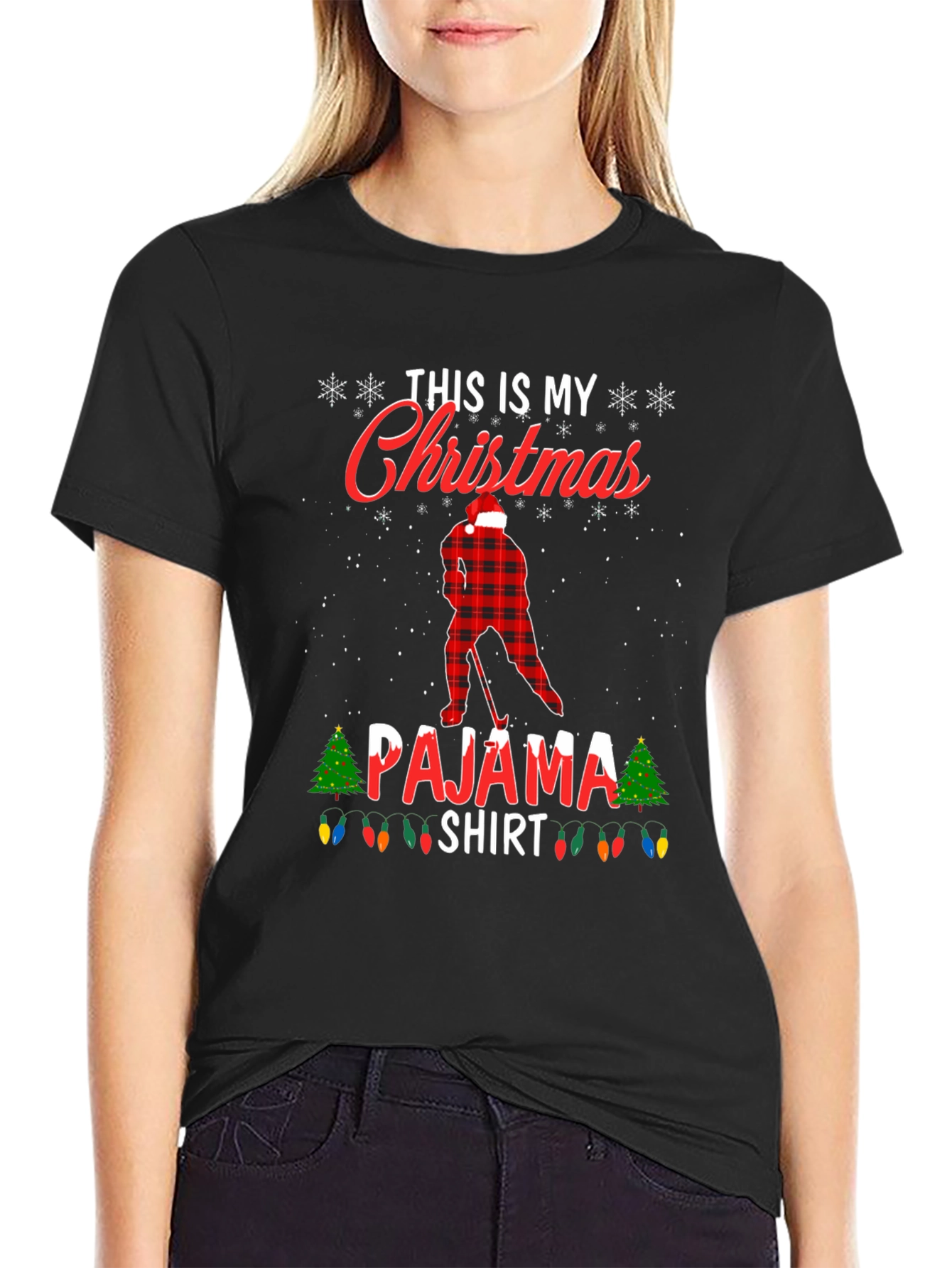 Christmas Pajama Shirt Hockey Player Tee