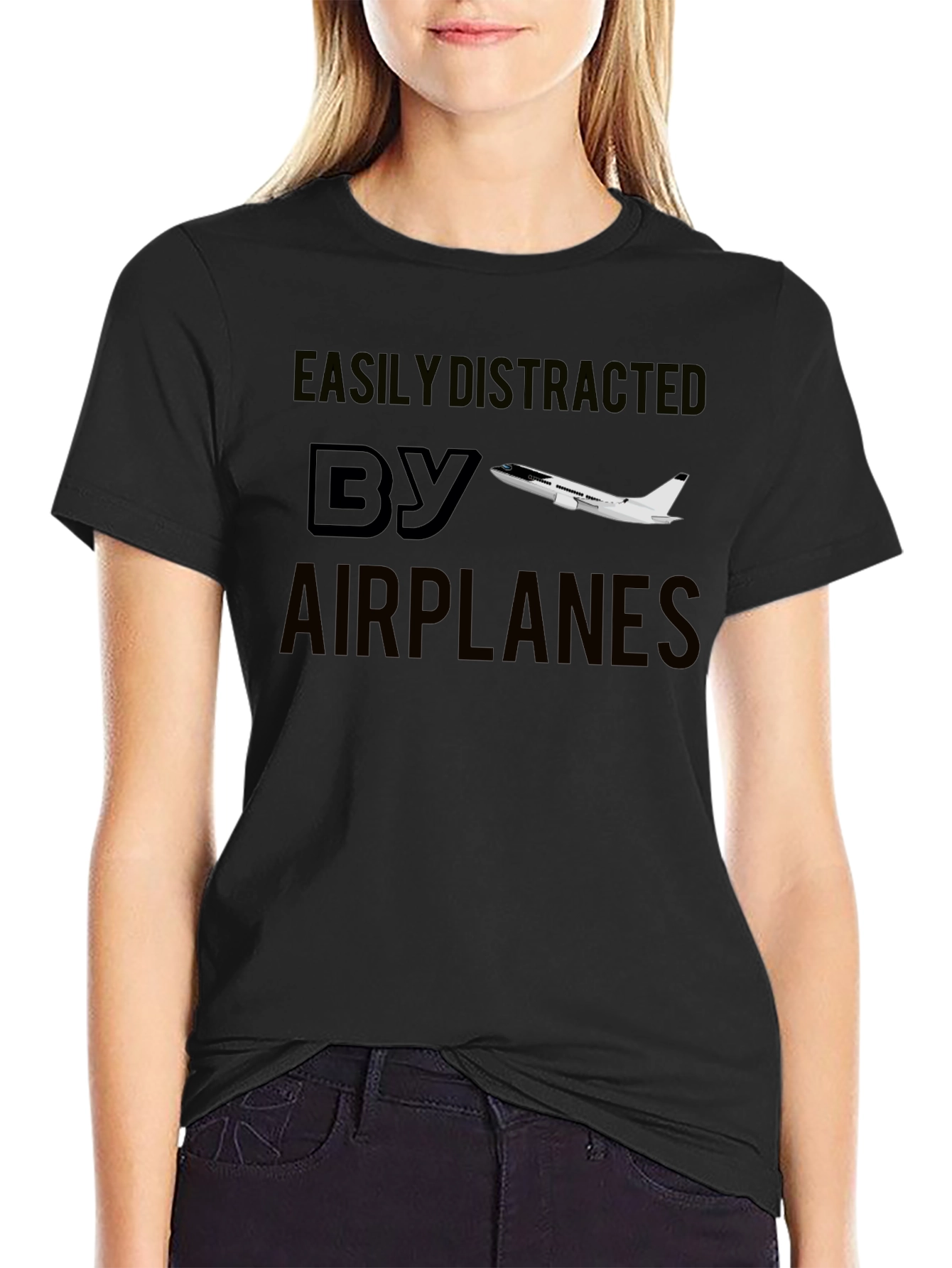 Easily Distracted By Airplanes Black T-Shirt