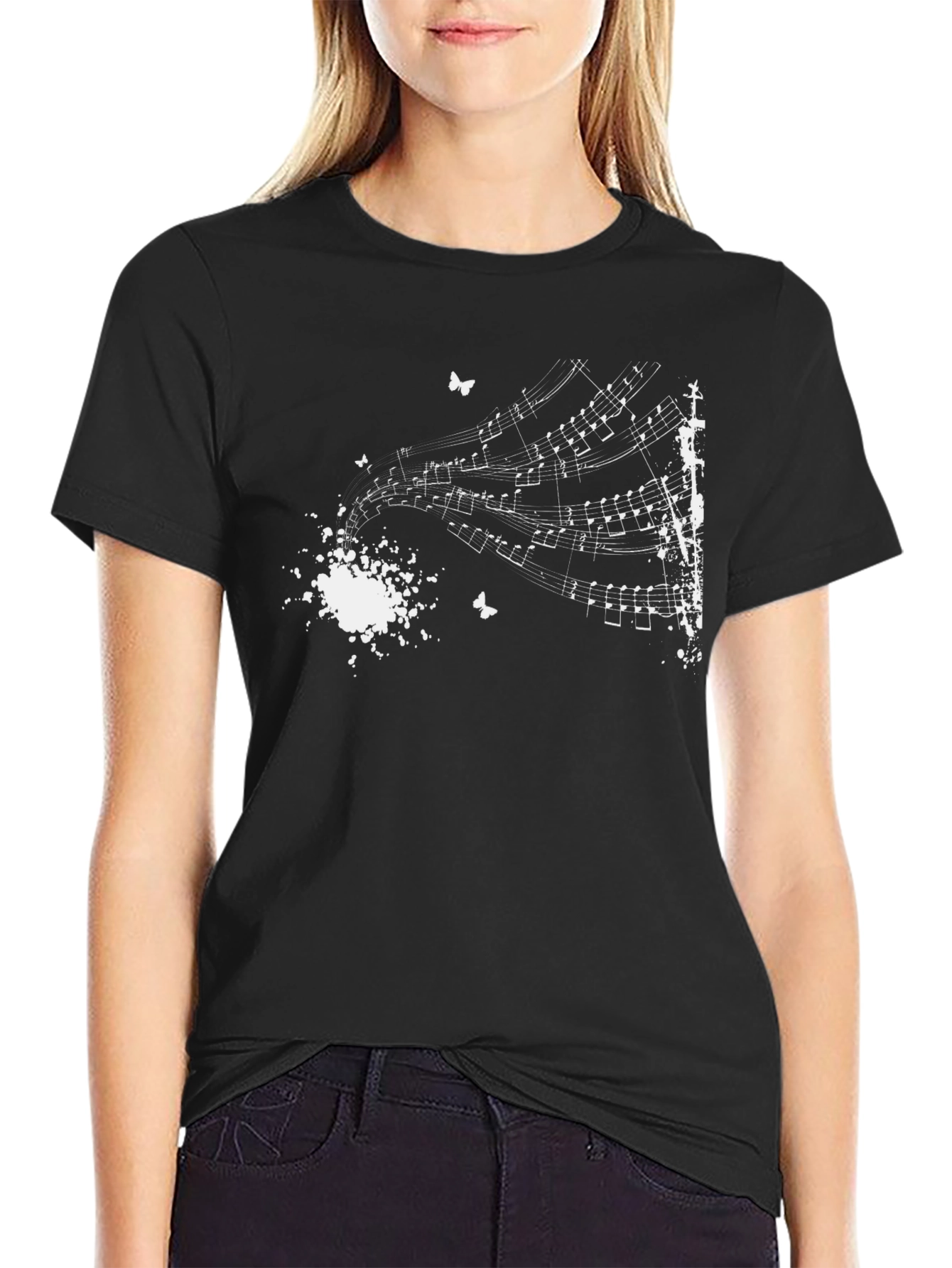 Musical Notes Graphic Tee - Black Cotton Blend