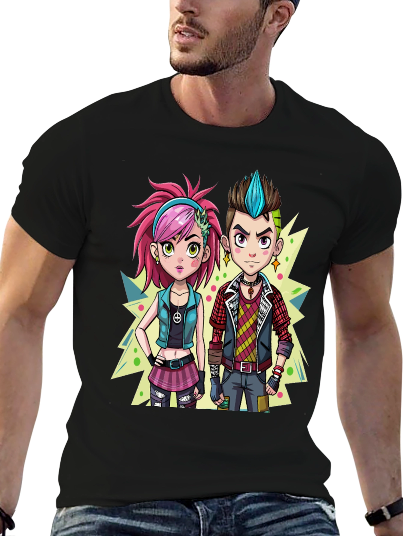 Cartoon Couple Black Graphic Tee