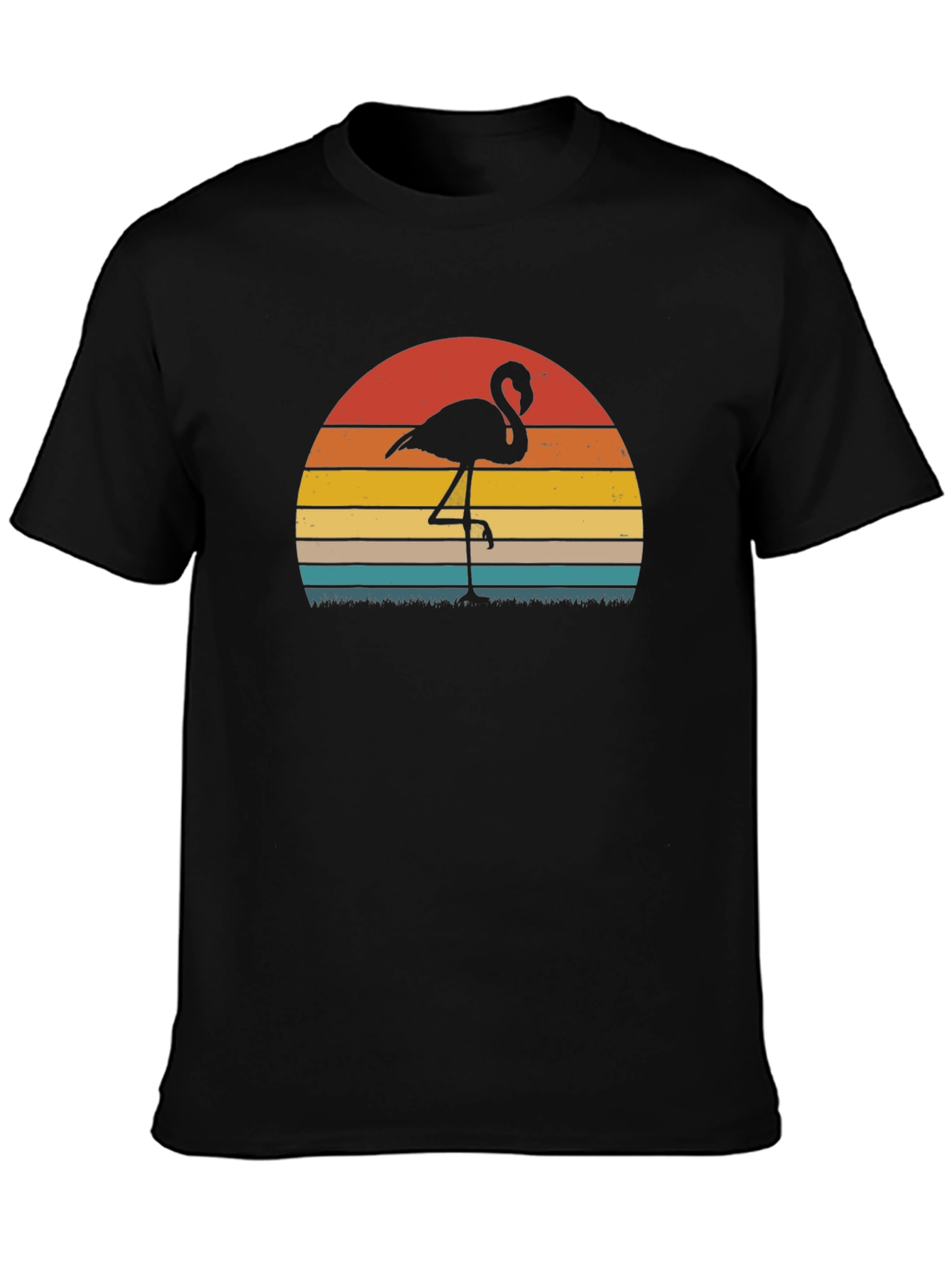Retro Flamingo Sunset Graphic Tee - Black Cotton Blend