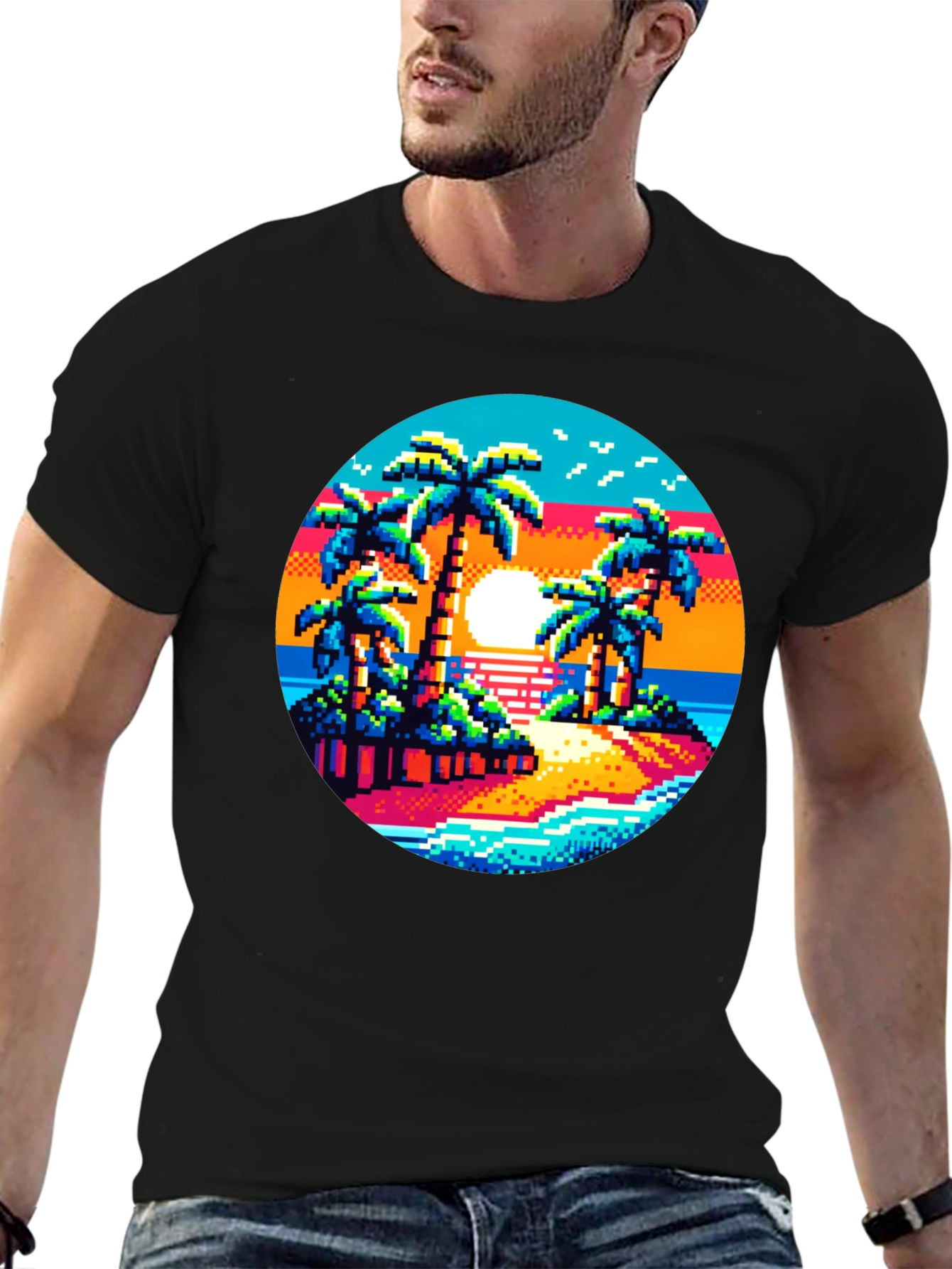 Pixel Sunset Palm Tree Graphic Tee