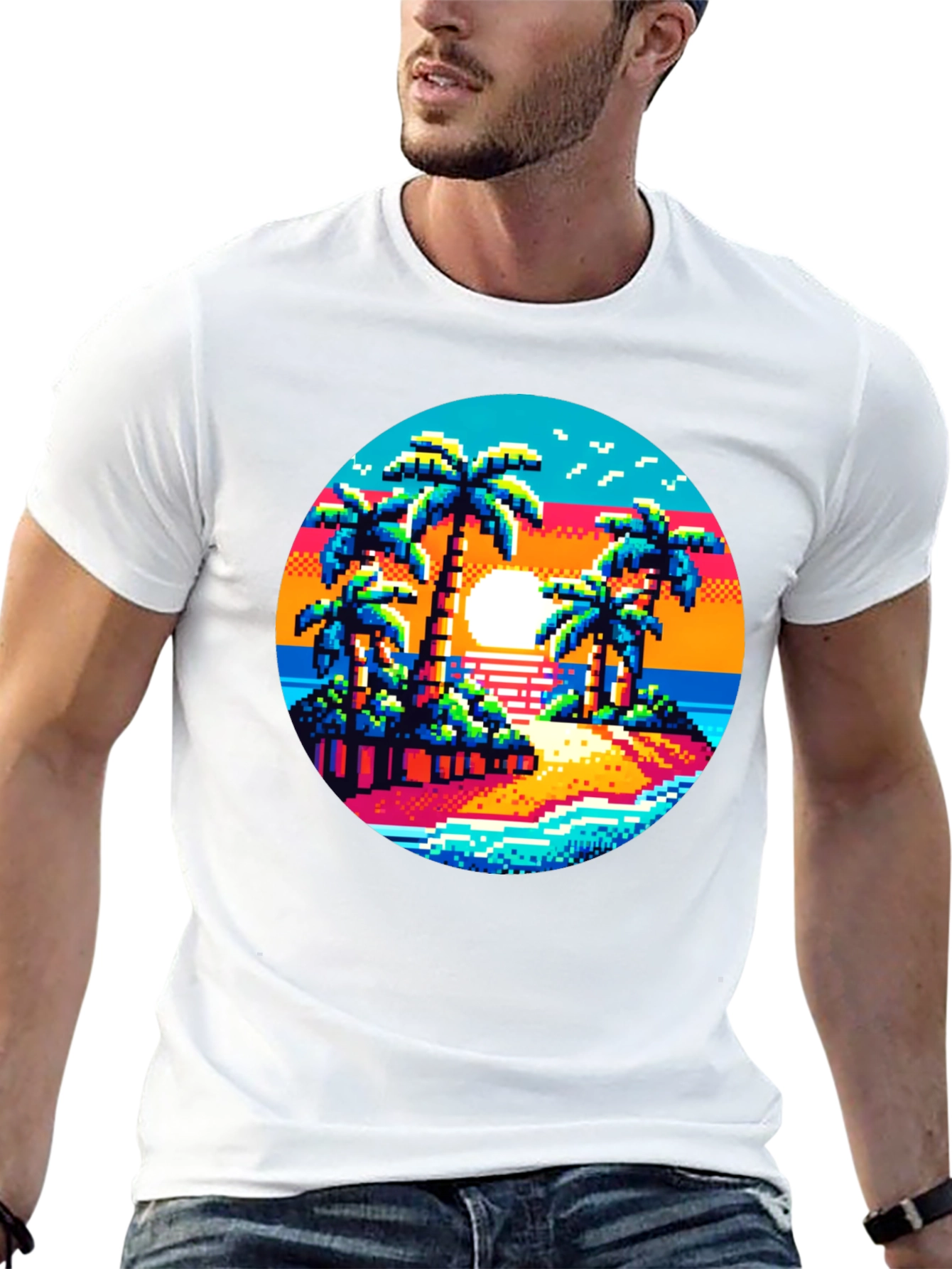 Pixel Sunset Palm Tree Graphic Tee