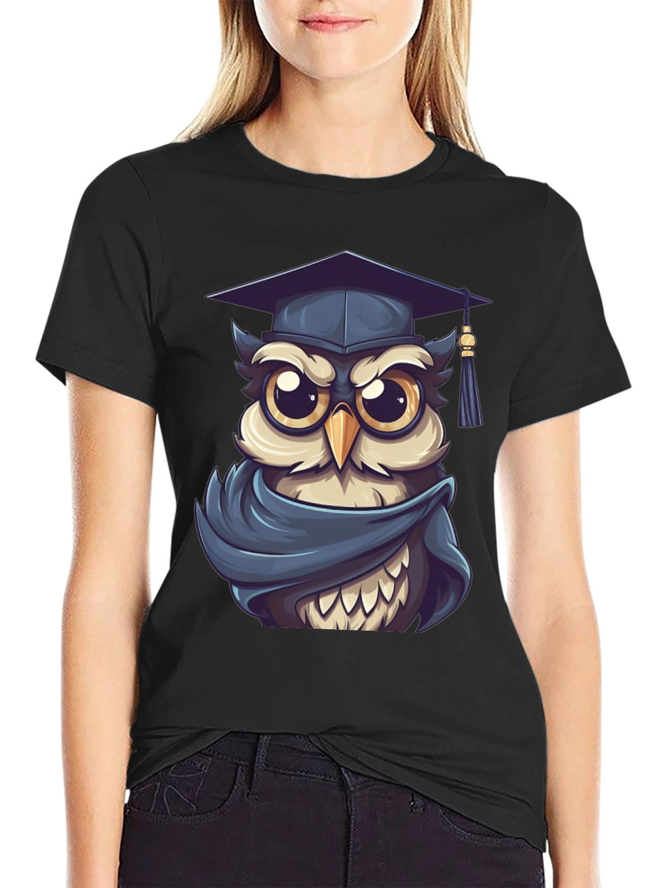 Graduation Owl Graphic Tee - Black Cotton Blend