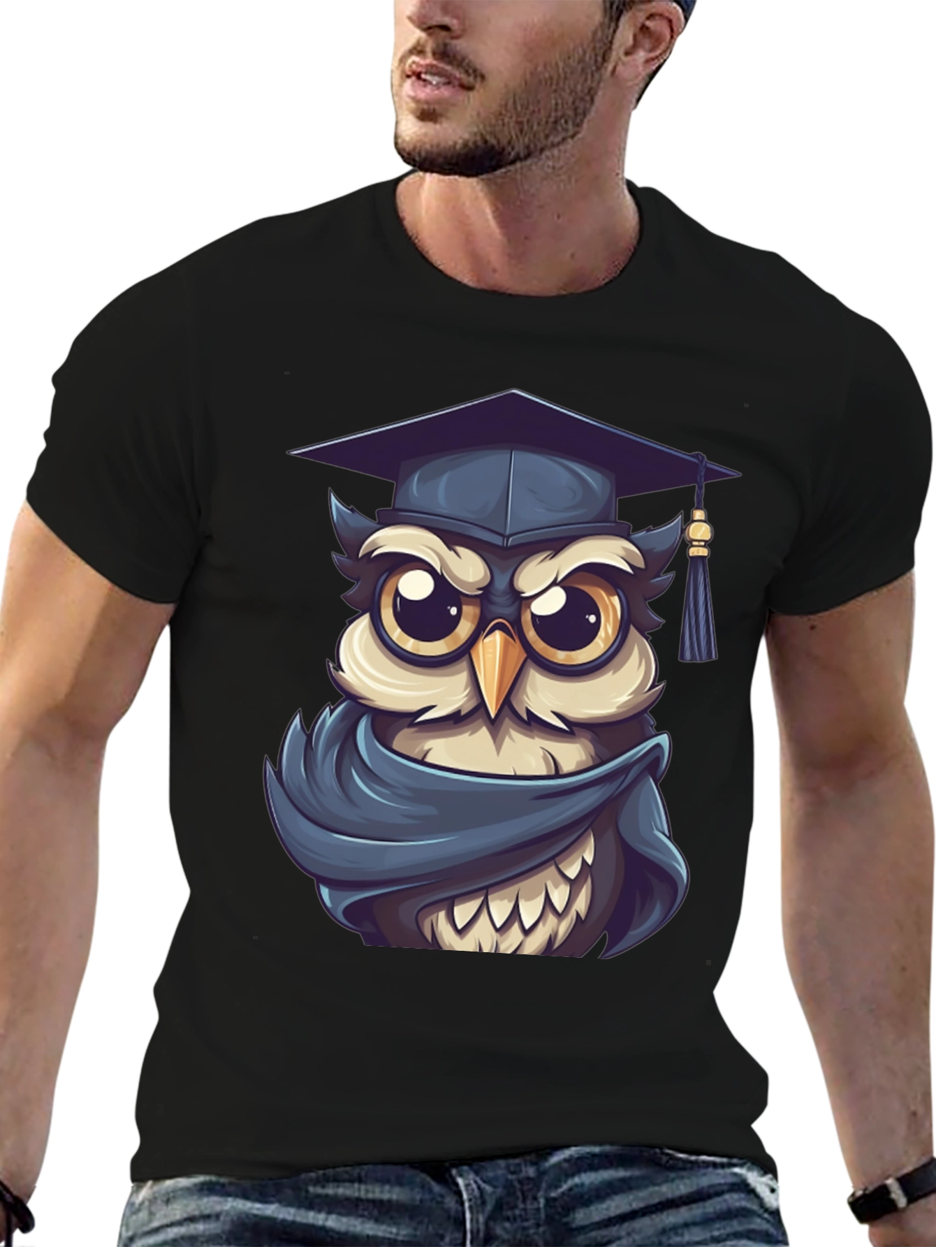 Graduation Owl Graphic Tee - Black Cotton Blend